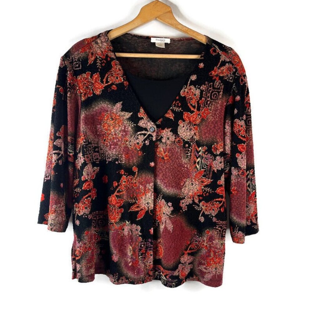 Dressbarn Womens Blouse Top Size 18/20 Black Floral Layered Twinset 3/4 Sleeve